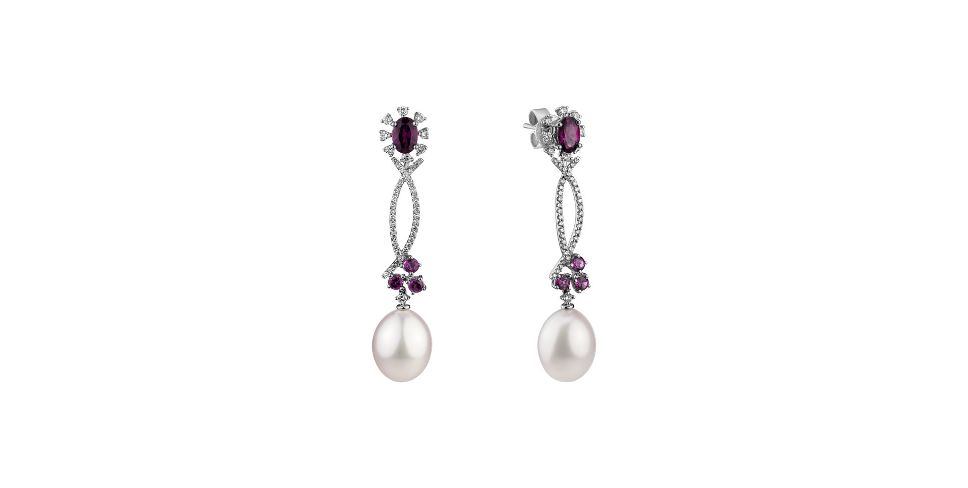 Earrings with Pearl, diamonds and Rhodolite Duchess Catherine