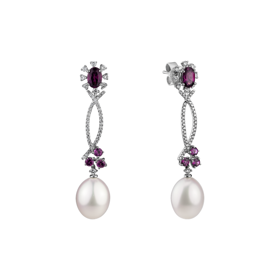 Earrings with Pearl, diamonds and Rhodolite Duchess Catherine