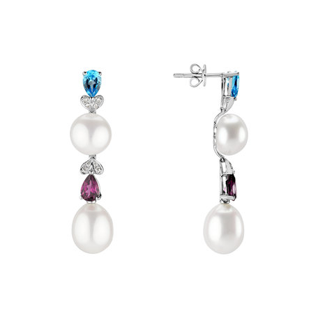 Diamond earrings, white Pearl and gemstones Ocean Love