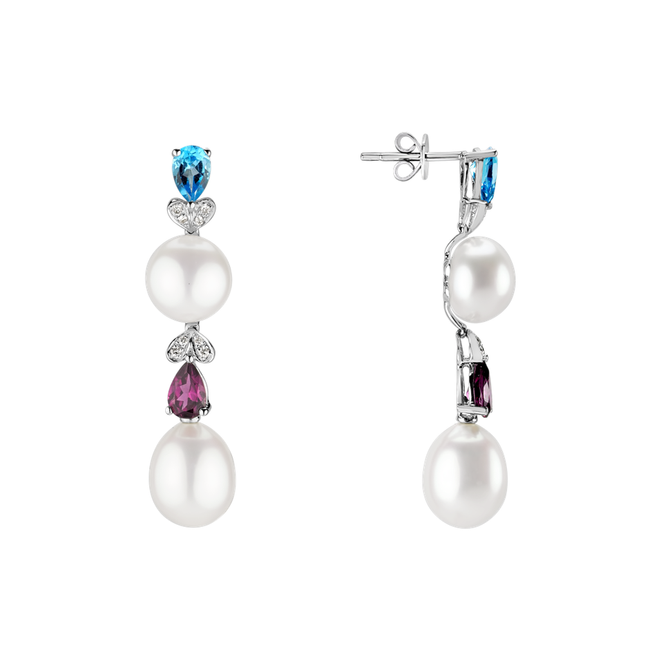 Diamond earrings, white Pearl and gemstones Ocean Love