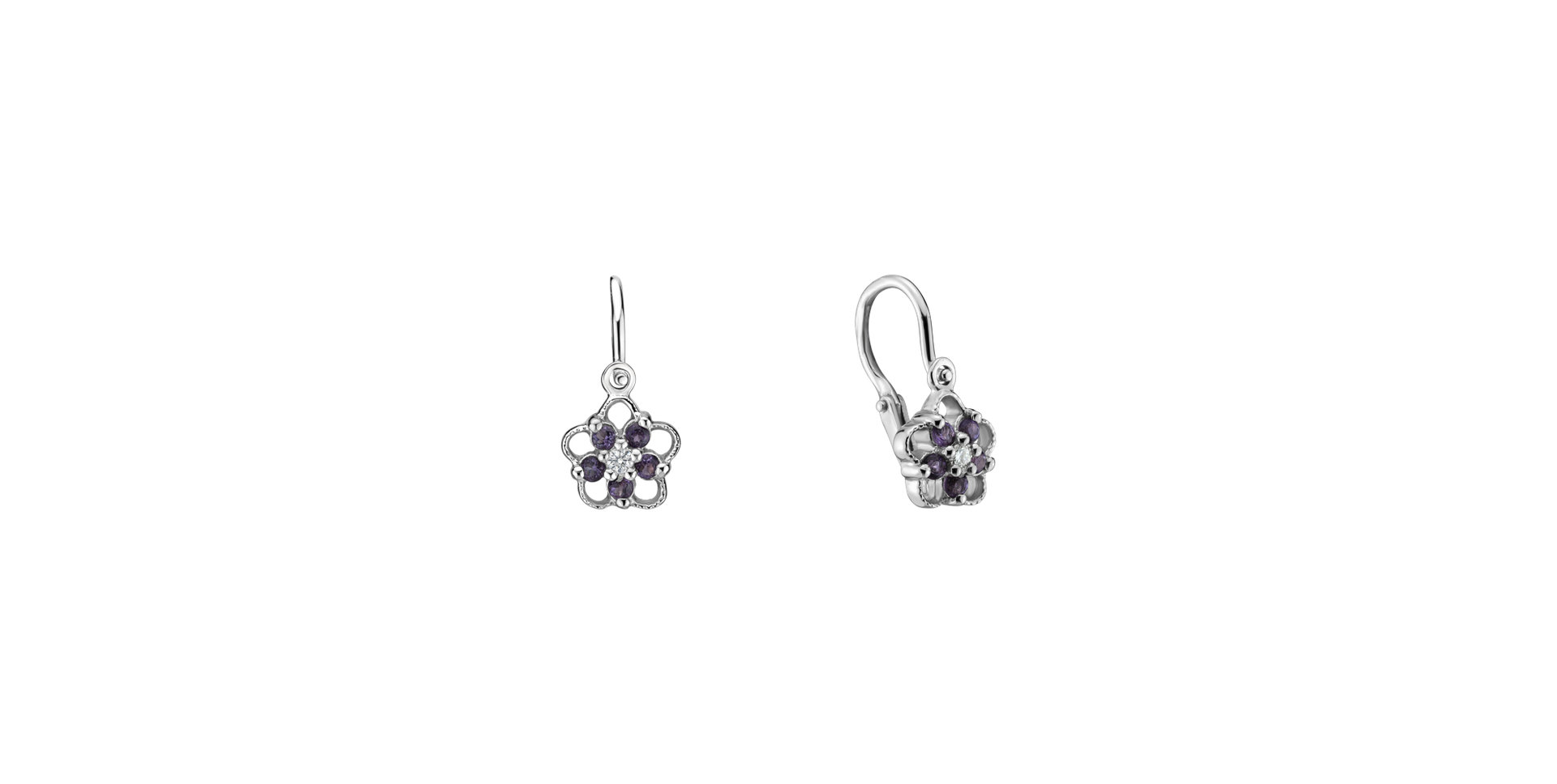 Children's diamond earrings with Amethyst Brazil Flower Silhouette