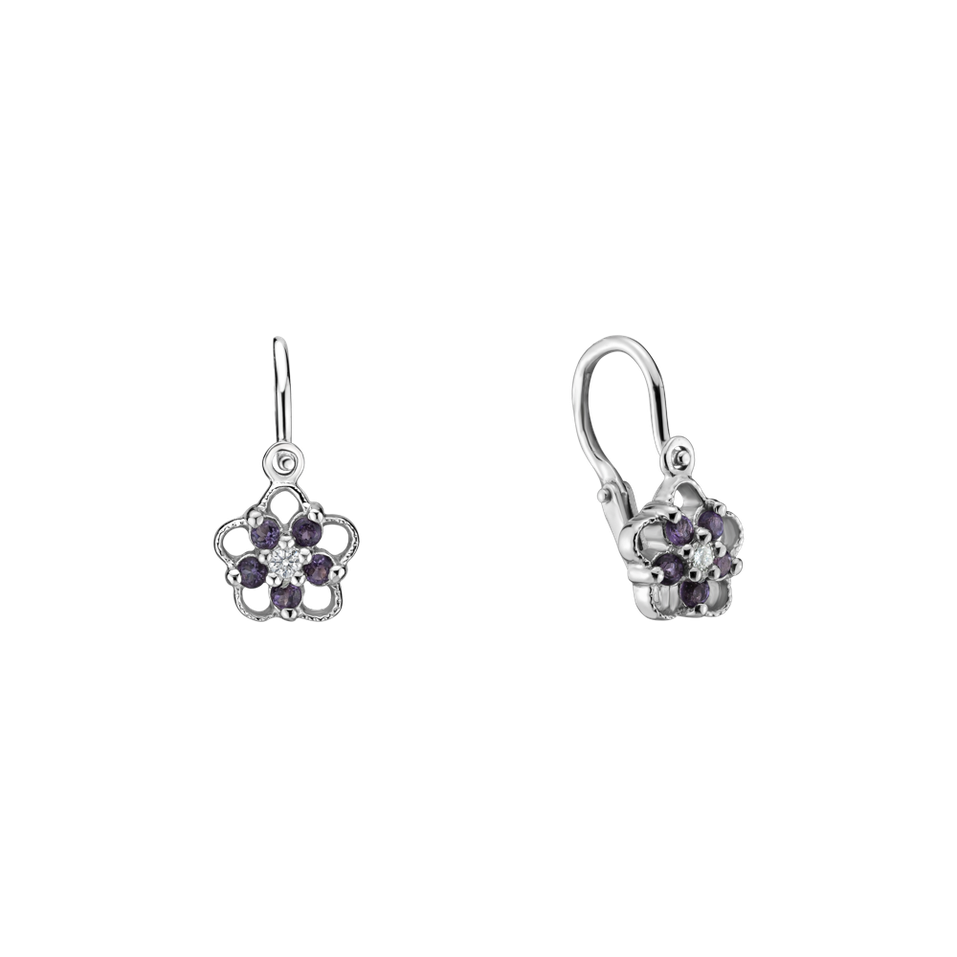 Children's diamond earrings with Amethyst Brazil Flower Silhouette