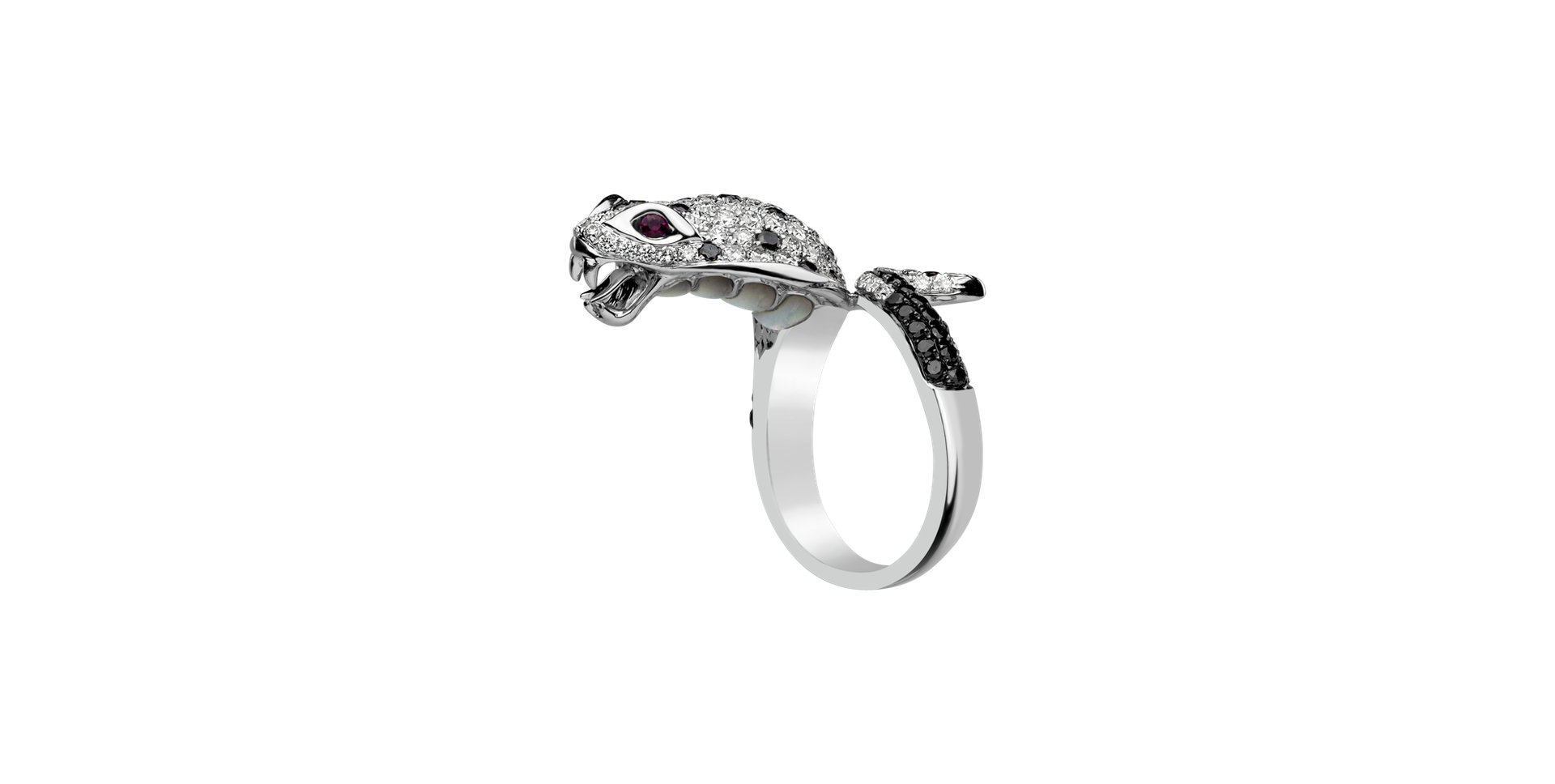 Ring with black and white diamonds, Mother of Pearl and Ruby Queen Cobra