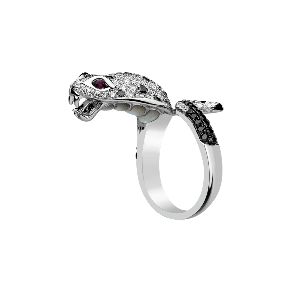 Ring with black and white diamonds, Mother of Pearl and Ruby Queen Cobra