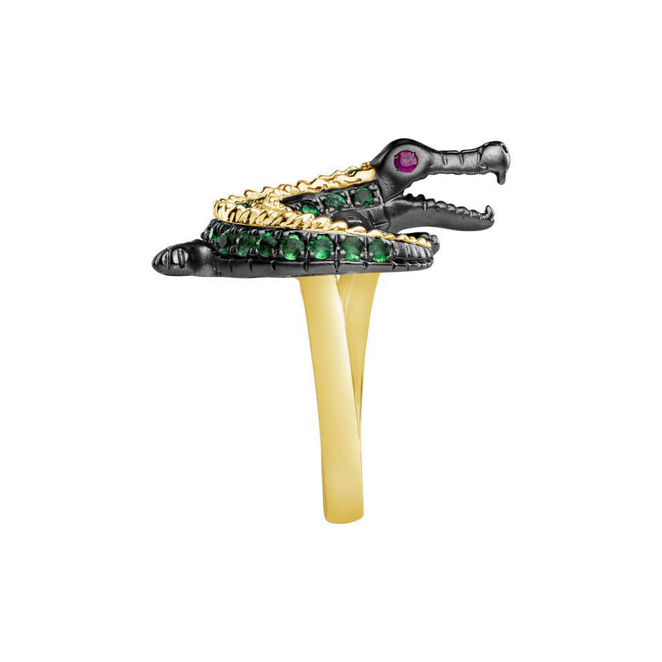 Diamond ring with Emerald and Ruby Black Croco