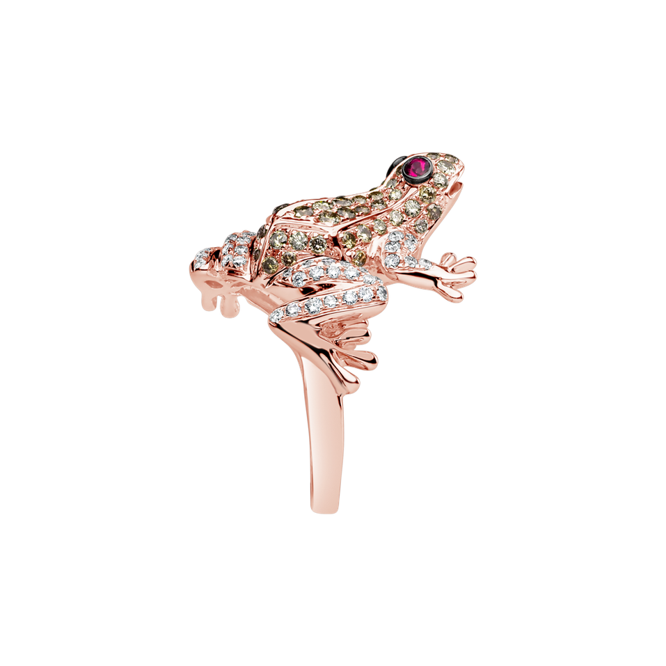 Ring with brown and white diamonds and Ruby Miracle Frog