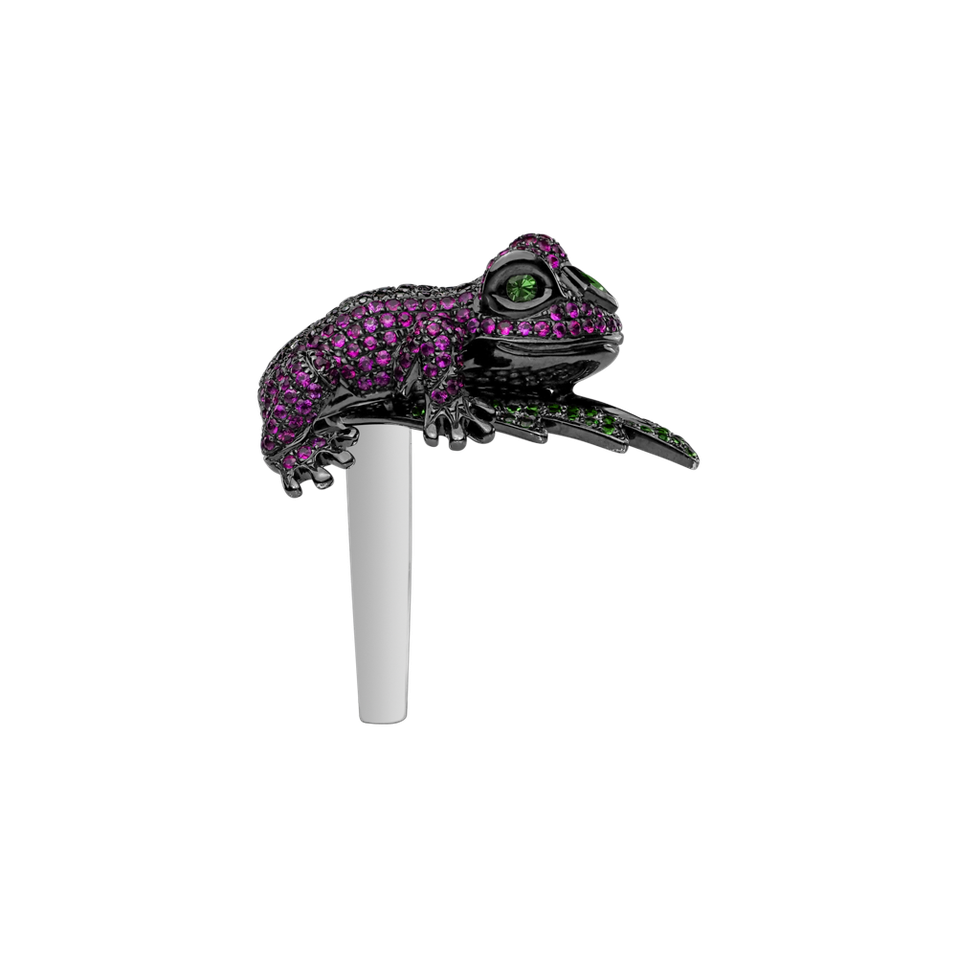 Ring with black and white diamonds, Sapphire and Garnet Fairy tale Frog