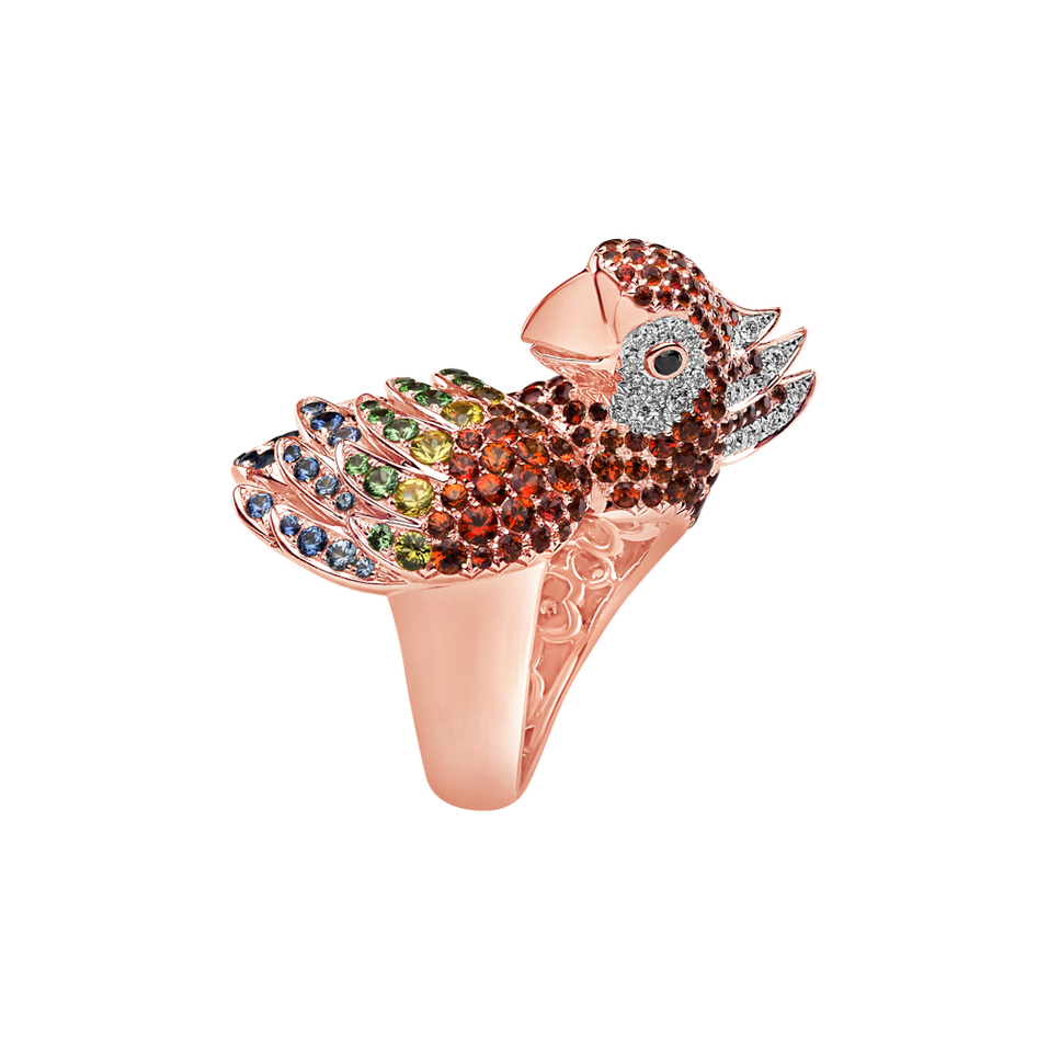 Ring with black and white diamonds, Sapphire and Garnet Sapphire Parrot