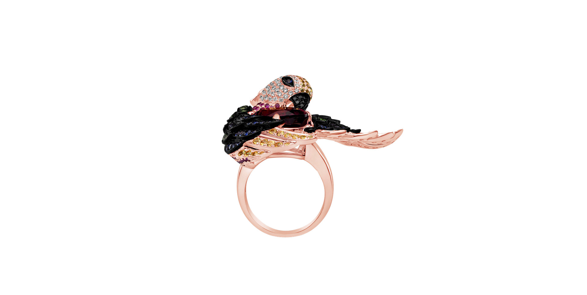 Ring with black and white diamonds and gemstones Parrot King