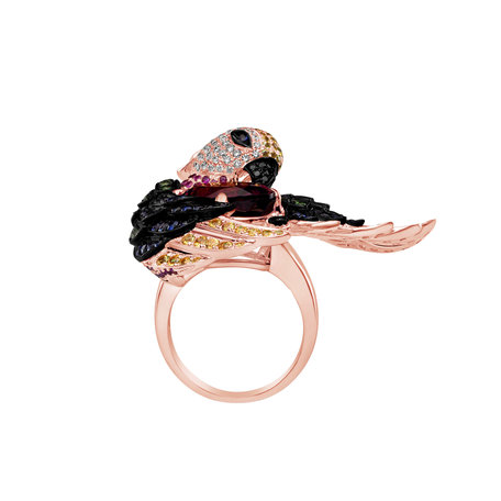 Ring with black and white diamonds and gemstones Parrot King