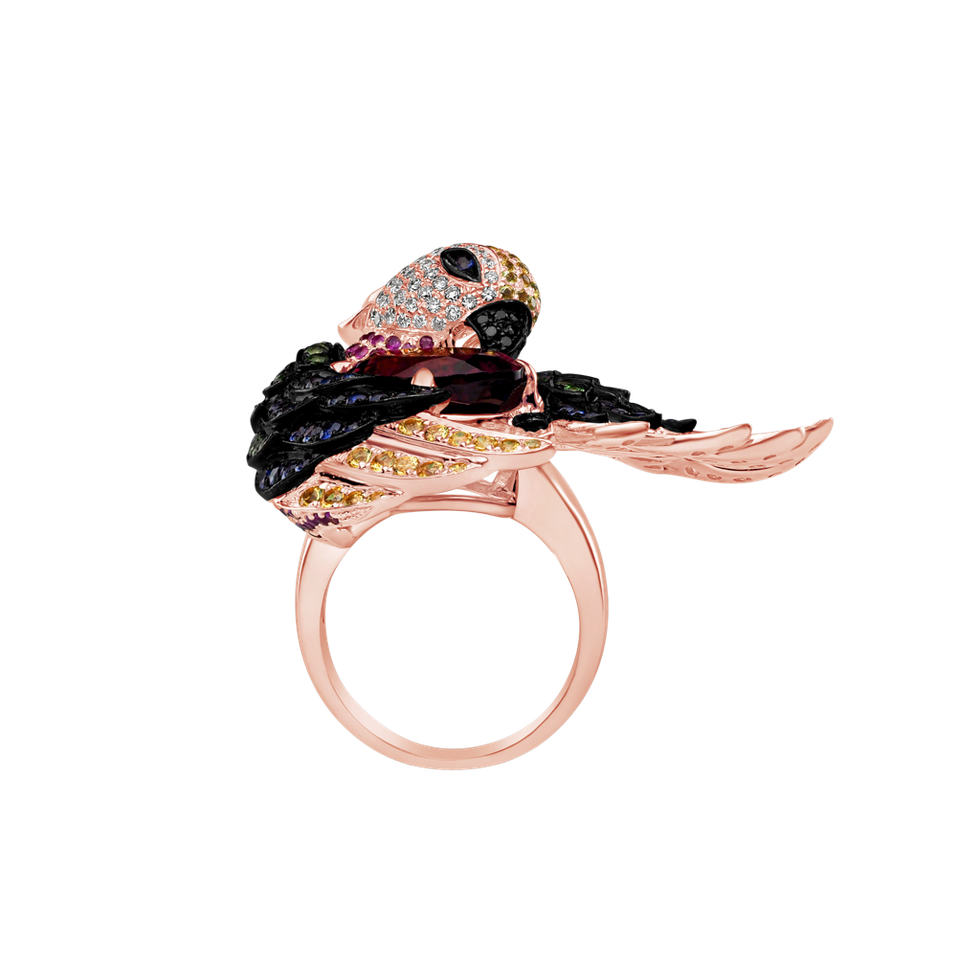Ring with black and white diamonds and gemstones Parrot King