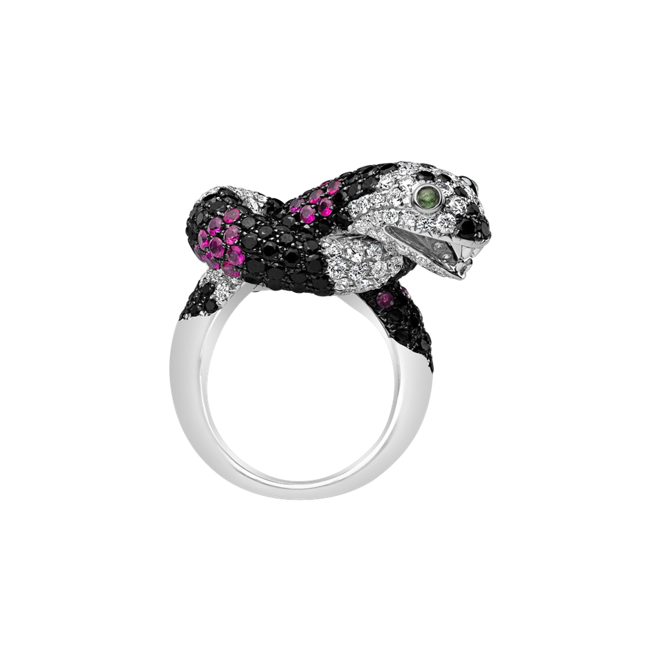 Ring with black and white diamonds, Garnet and Ruby Black and White Snake