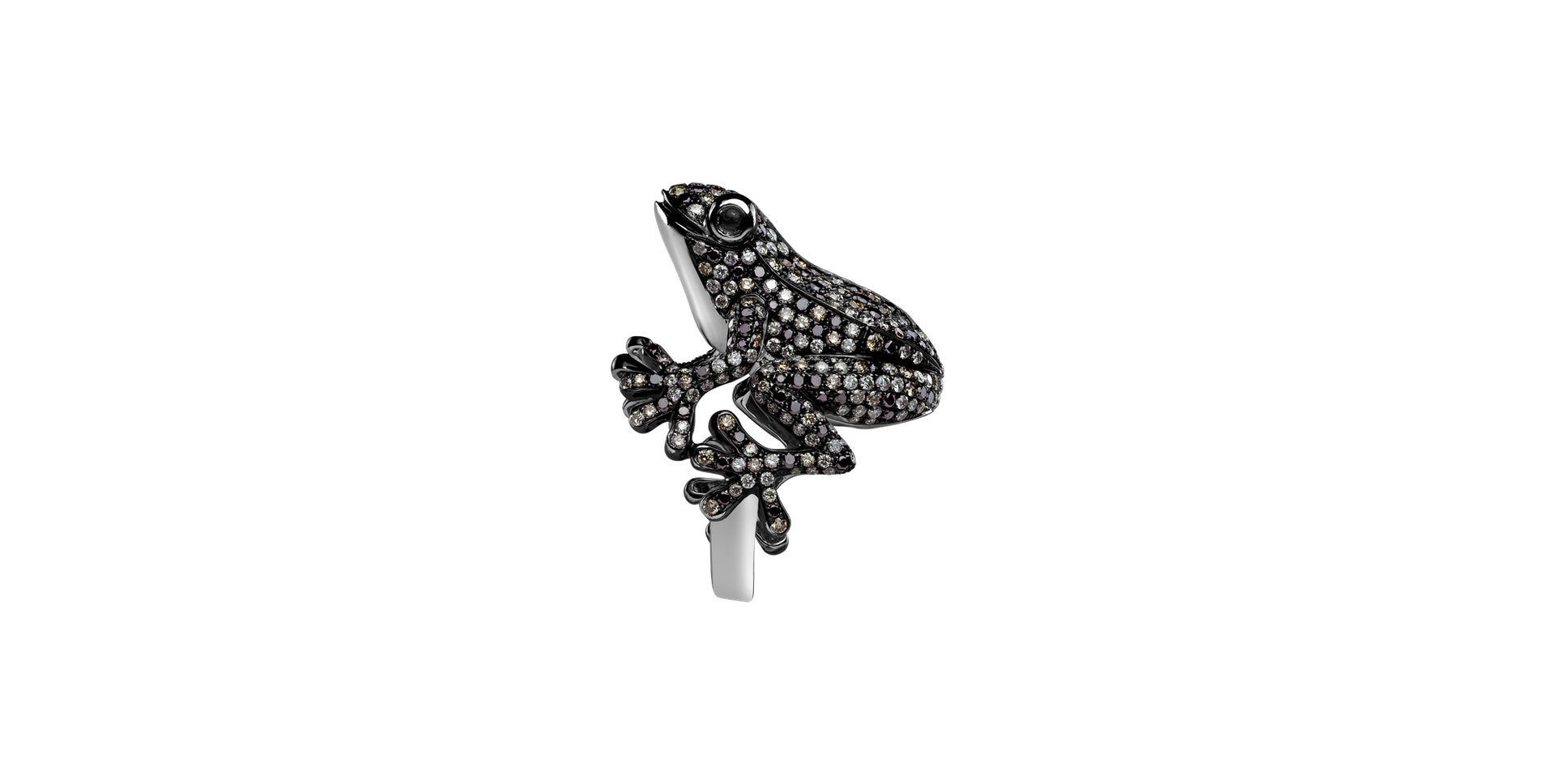 Ring with white, brown and black diamonds and Tourmalíne My Frog