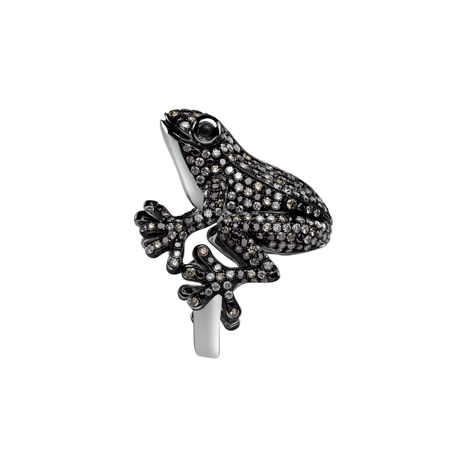 Ring with white, brown and black diamonds and Tourmalíne My Frog