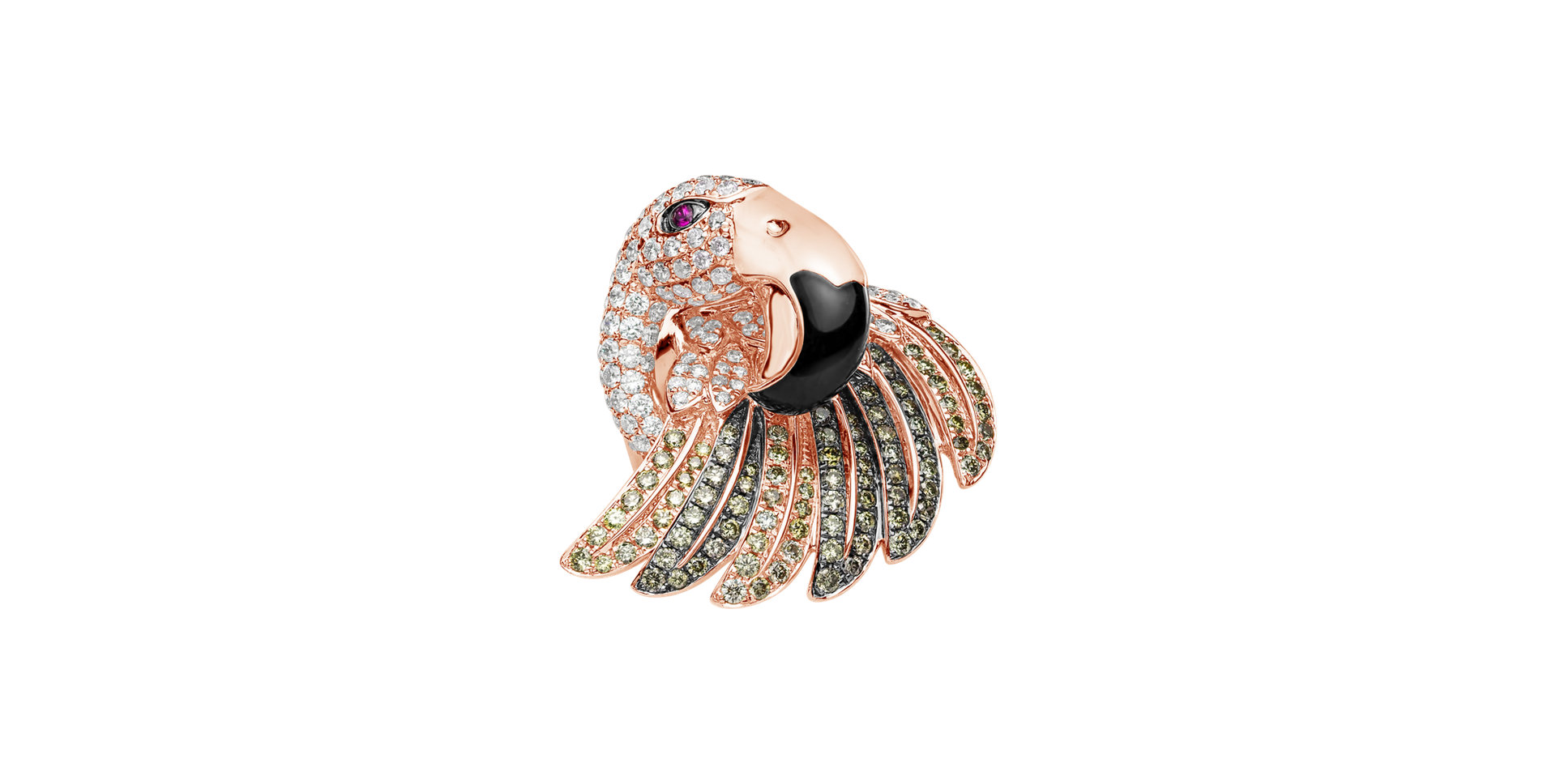 Ring with brown and white diamonds, Ruby and Onyx Galaxy Bird