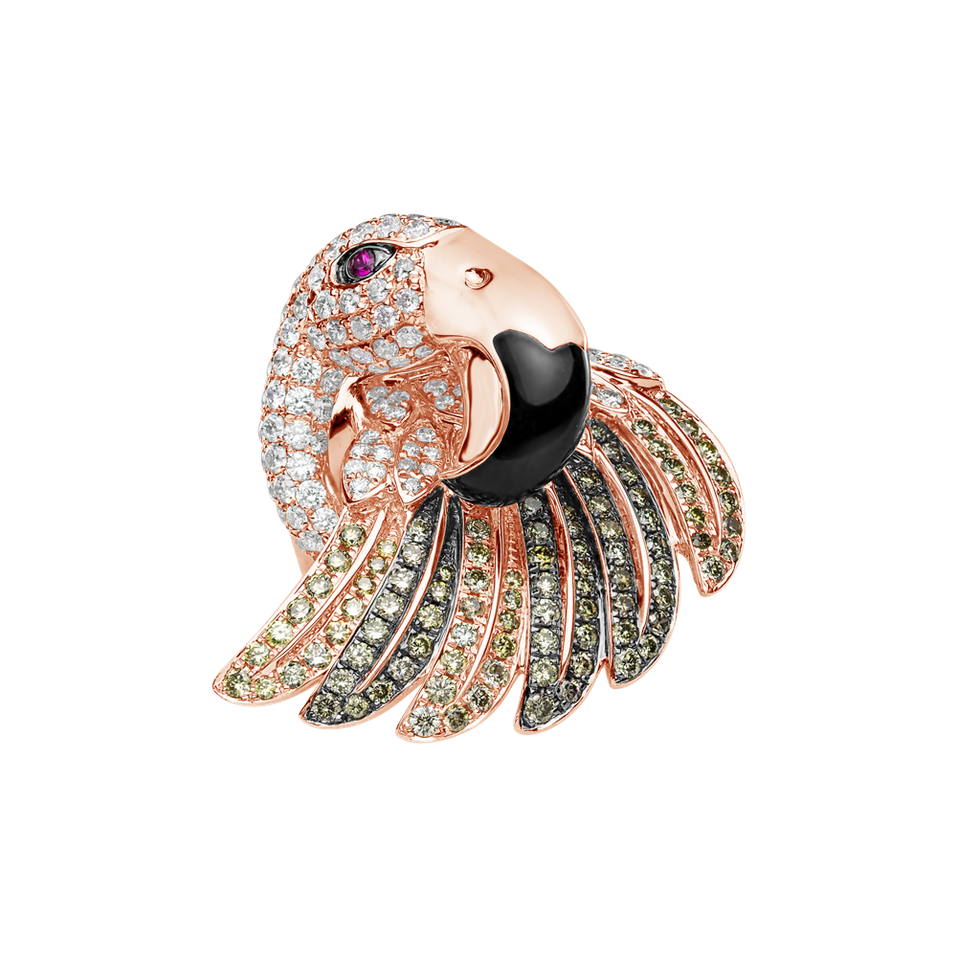Ring with brown and white diamonds, Ruby and Onyx Galaxy Bird