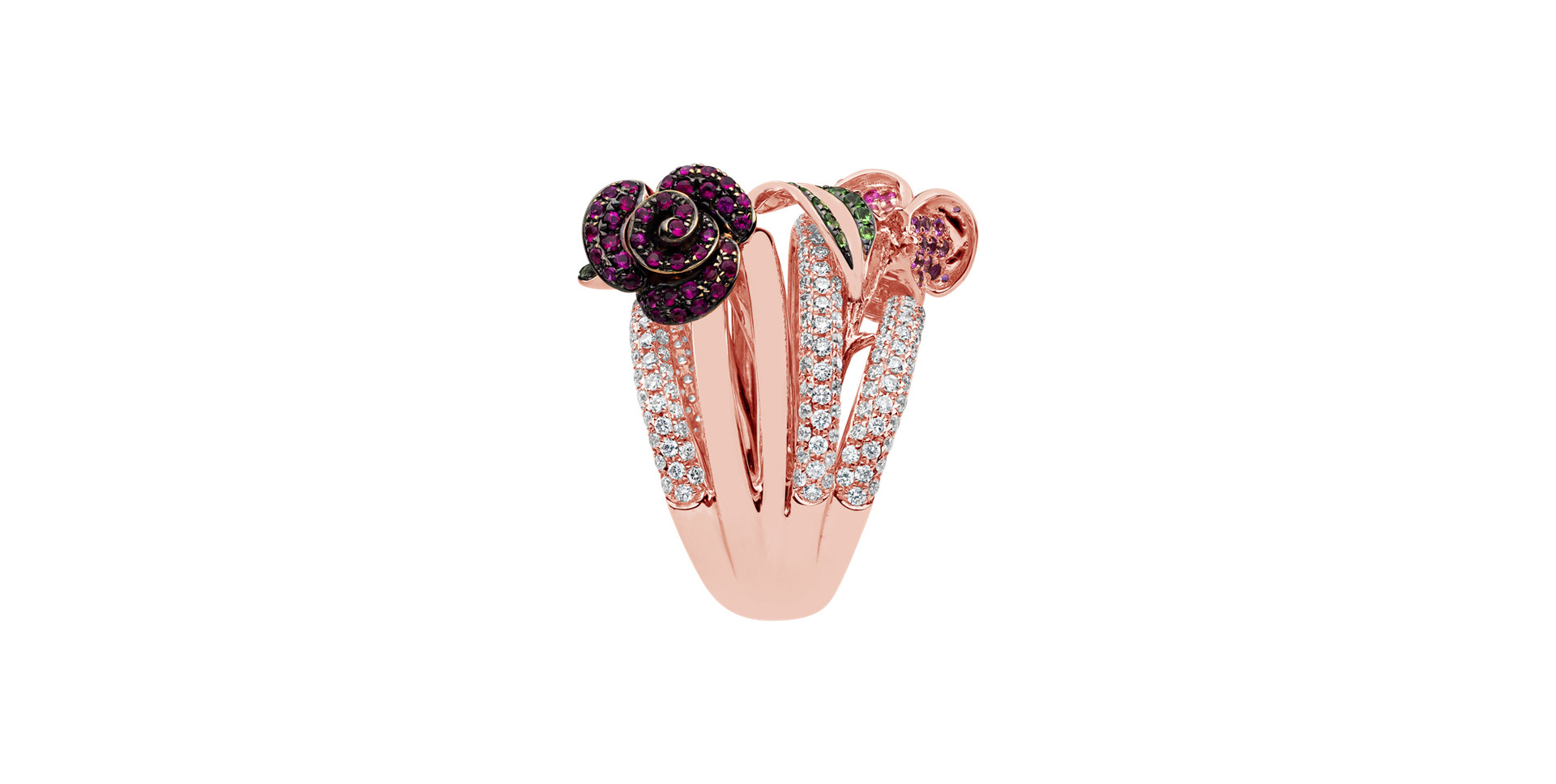 Diamond ring with Ruby, Sapphire and Garnet Flower Sin