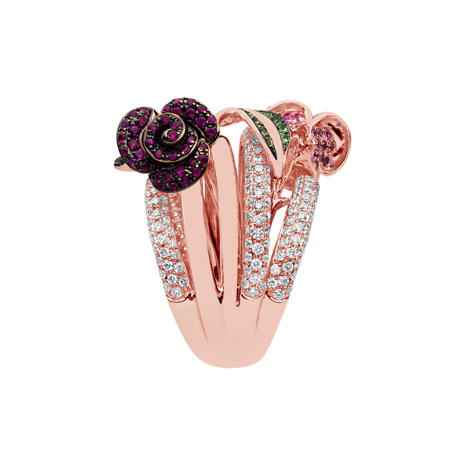 Diamond ring with Ruby, Sapphire and Garnet Flower Sin