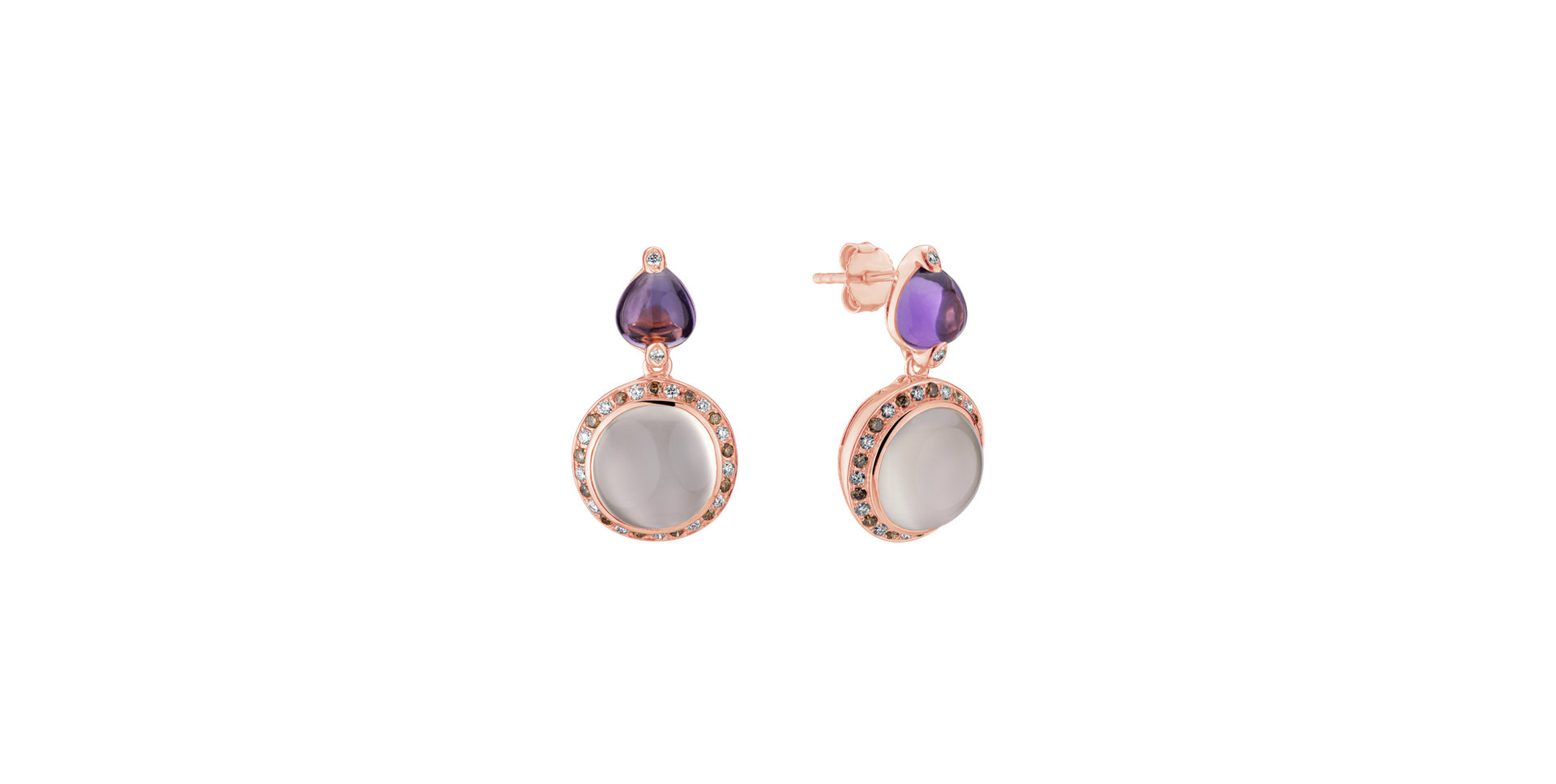 Earrings with brown and white diamonds, Amethyst and Moonstone Monets Garden