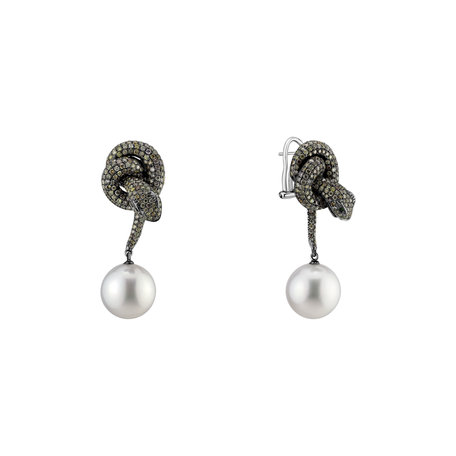 Earrings with brown diamonds, Garnet and Pearl Sea Glamour