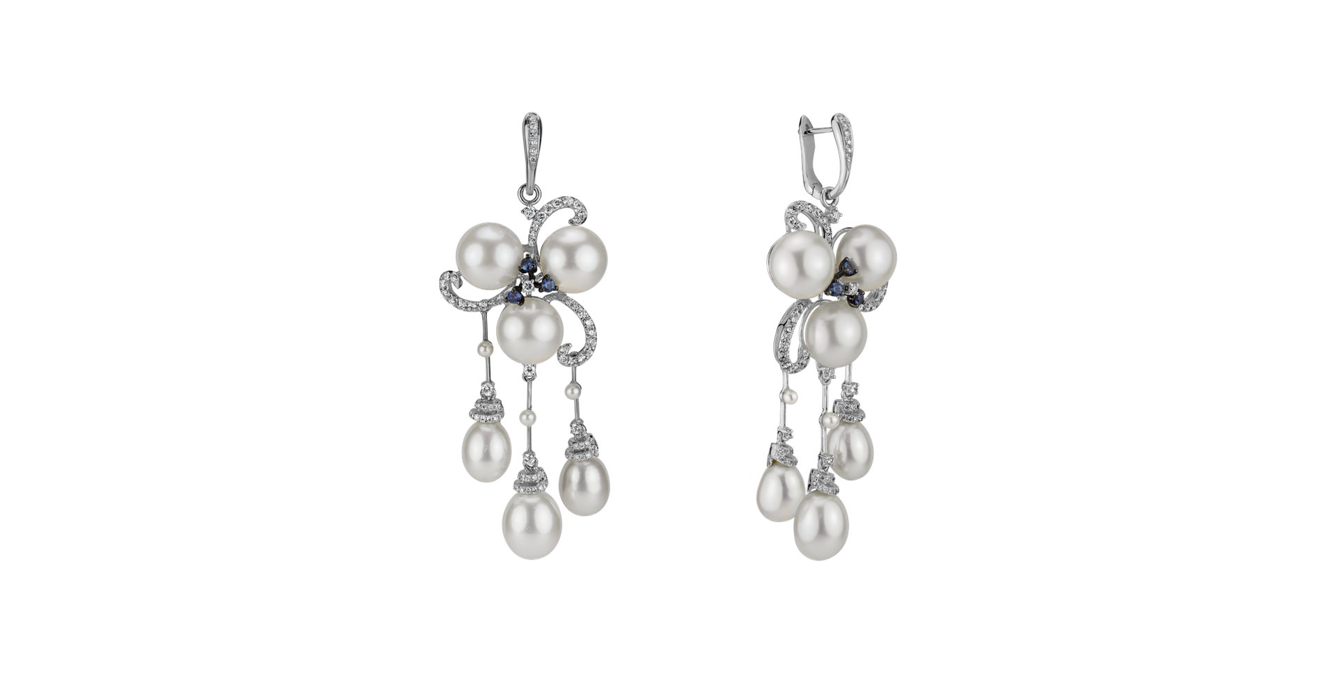 Earrings with Pearl, diamonds and Sapphire Nymph Drops