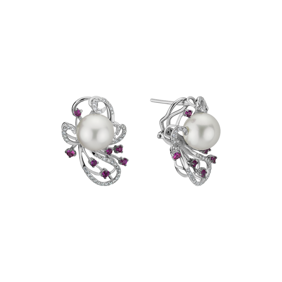 Earrings with Pearl, diamonds and Sapphire Venus Flowers