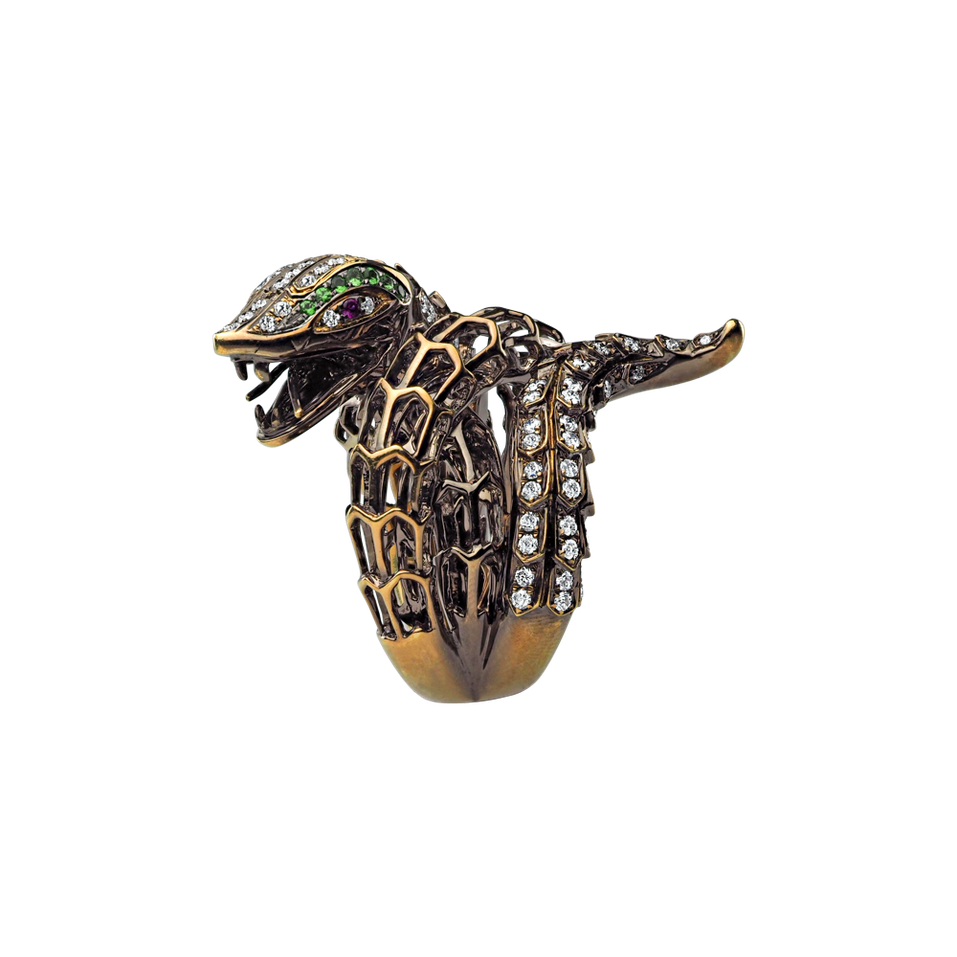 Diamond ring with Ruby and Garnet Star Snake