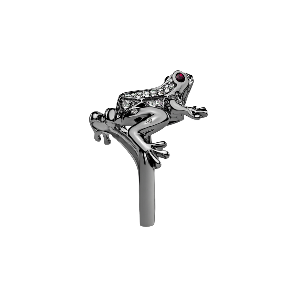 Ring with brown and white diamonds and Ruby Dark Fairytale Frog