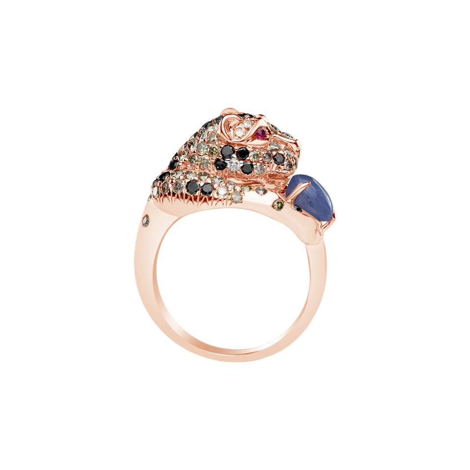 Ring with white, brown and black diamonds, Sapphire and Ruby Sapphire Cougar