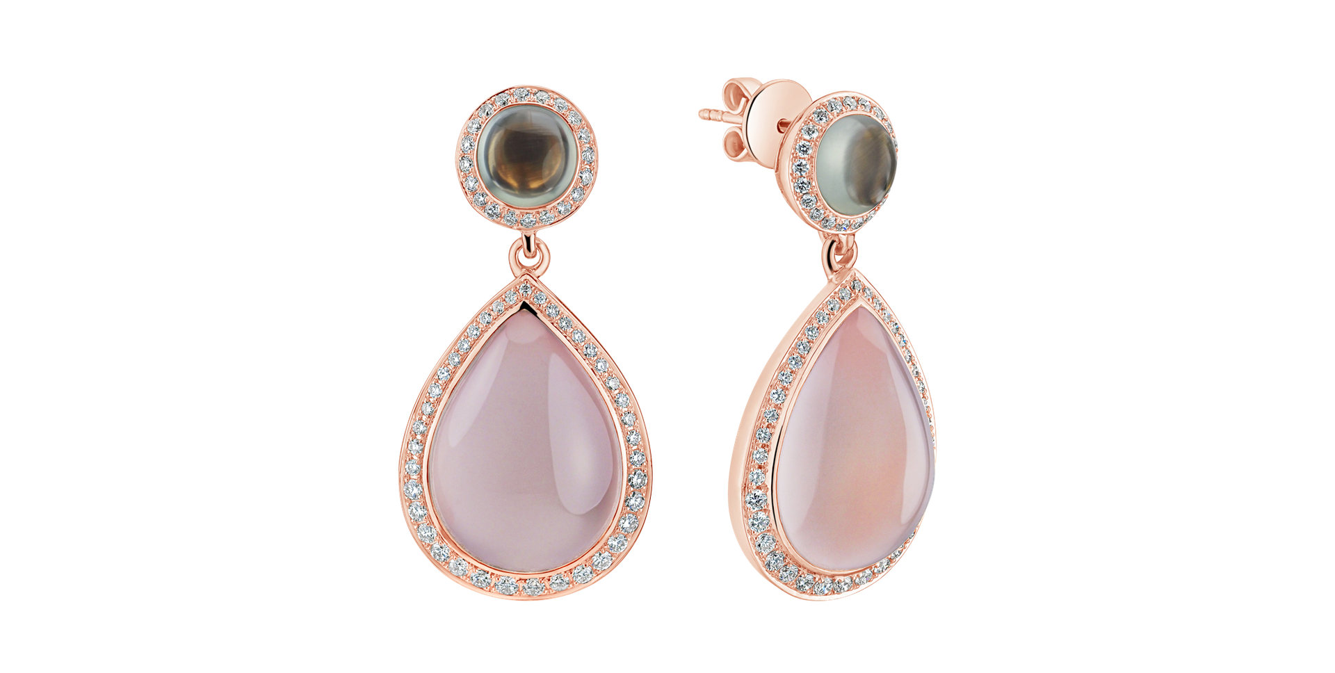 Diamond earrings, Prehnite and Rose Quartz Eternal Sunset