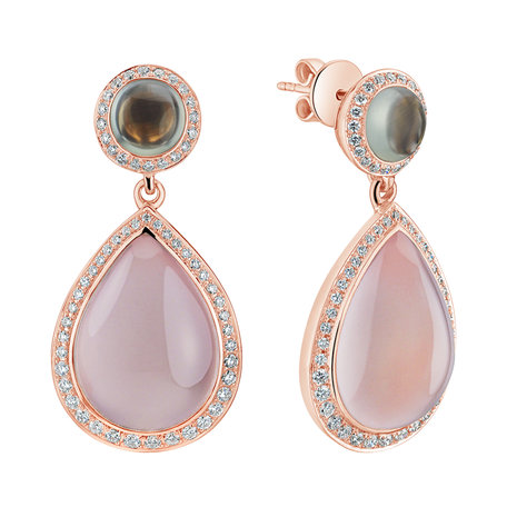 Diamond earrings, Prehnite and Rose Quartz Eternal Sunset