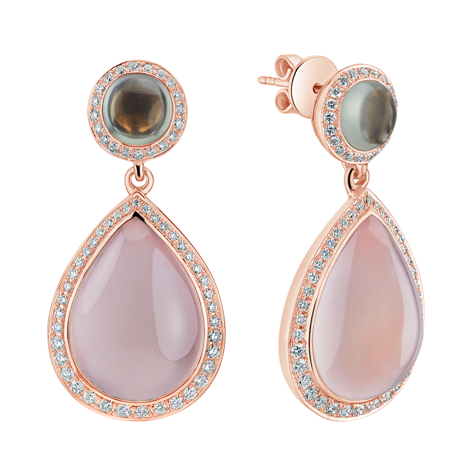 Diamond earrings, Prehnite and Rose Quartz Eternal Sunset