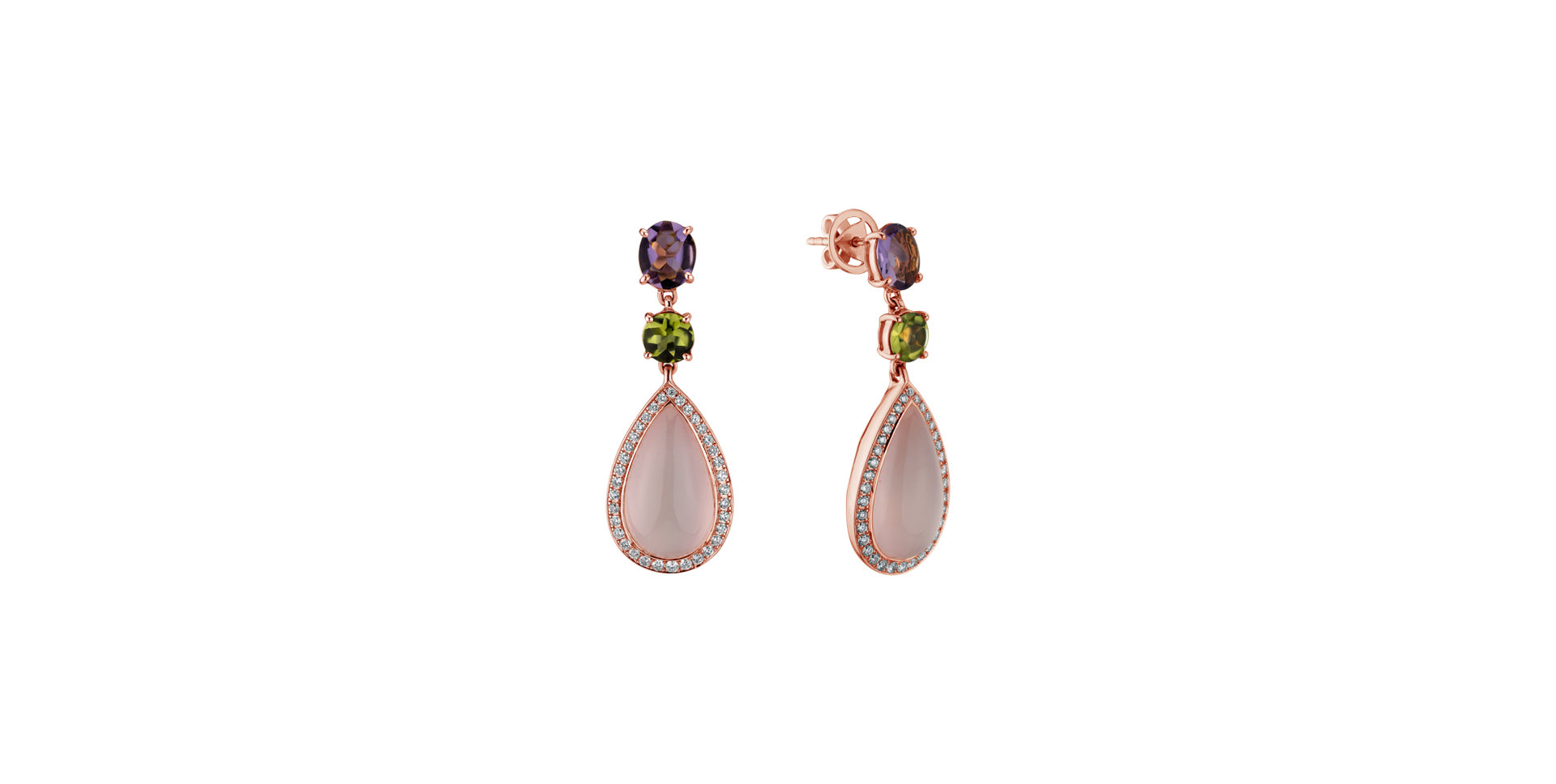 Diamond earrings, Amethyst, Rose Quartz and Peridote Petal of Love