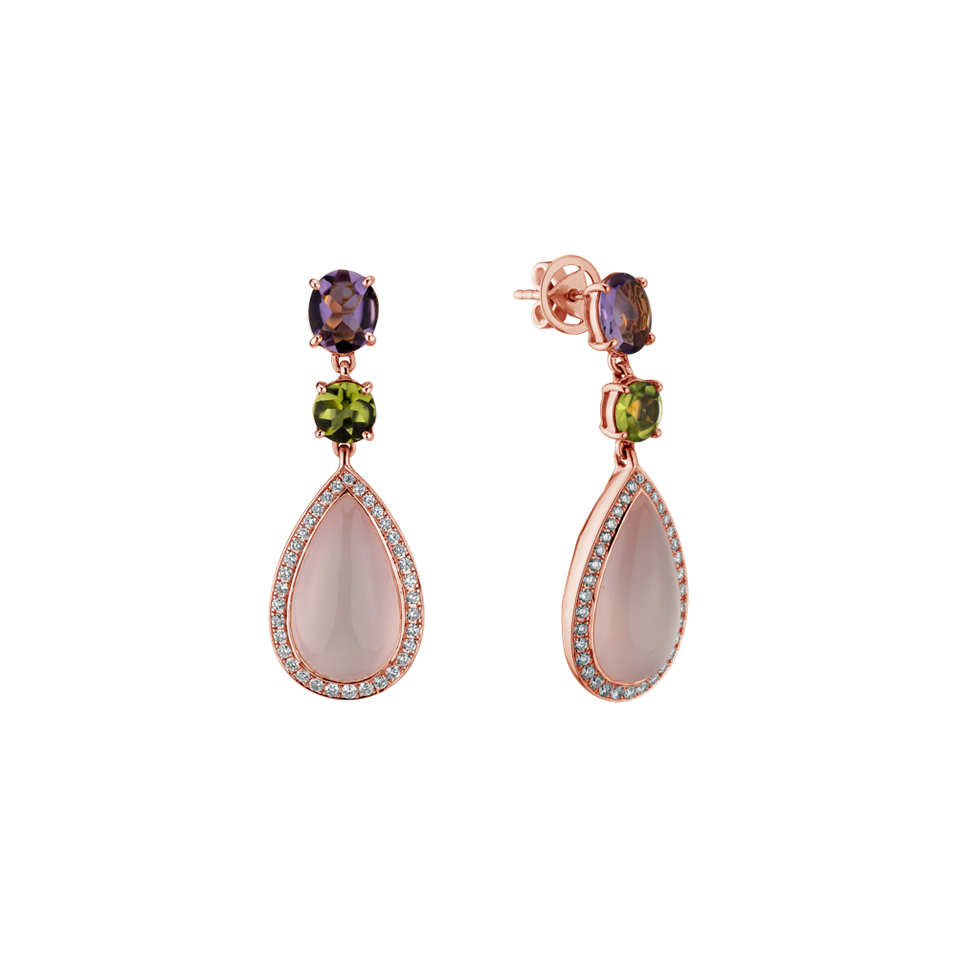 Diamond earrings, Amethyst, Rose Quartz and Peridote Petal of Love