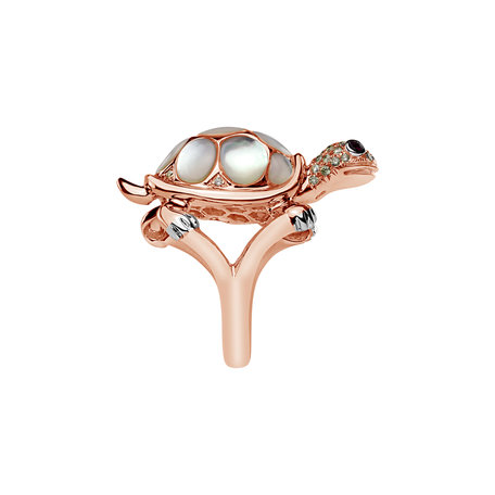 Ring with brown diamonds, Ruby and Mother of Pearl Graceful Turtle