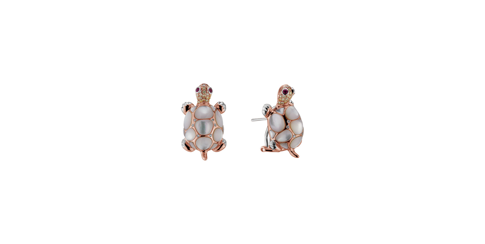 Earrings with brown and white diamonds, Ruby and Mother of Pearl Alluring Turtle