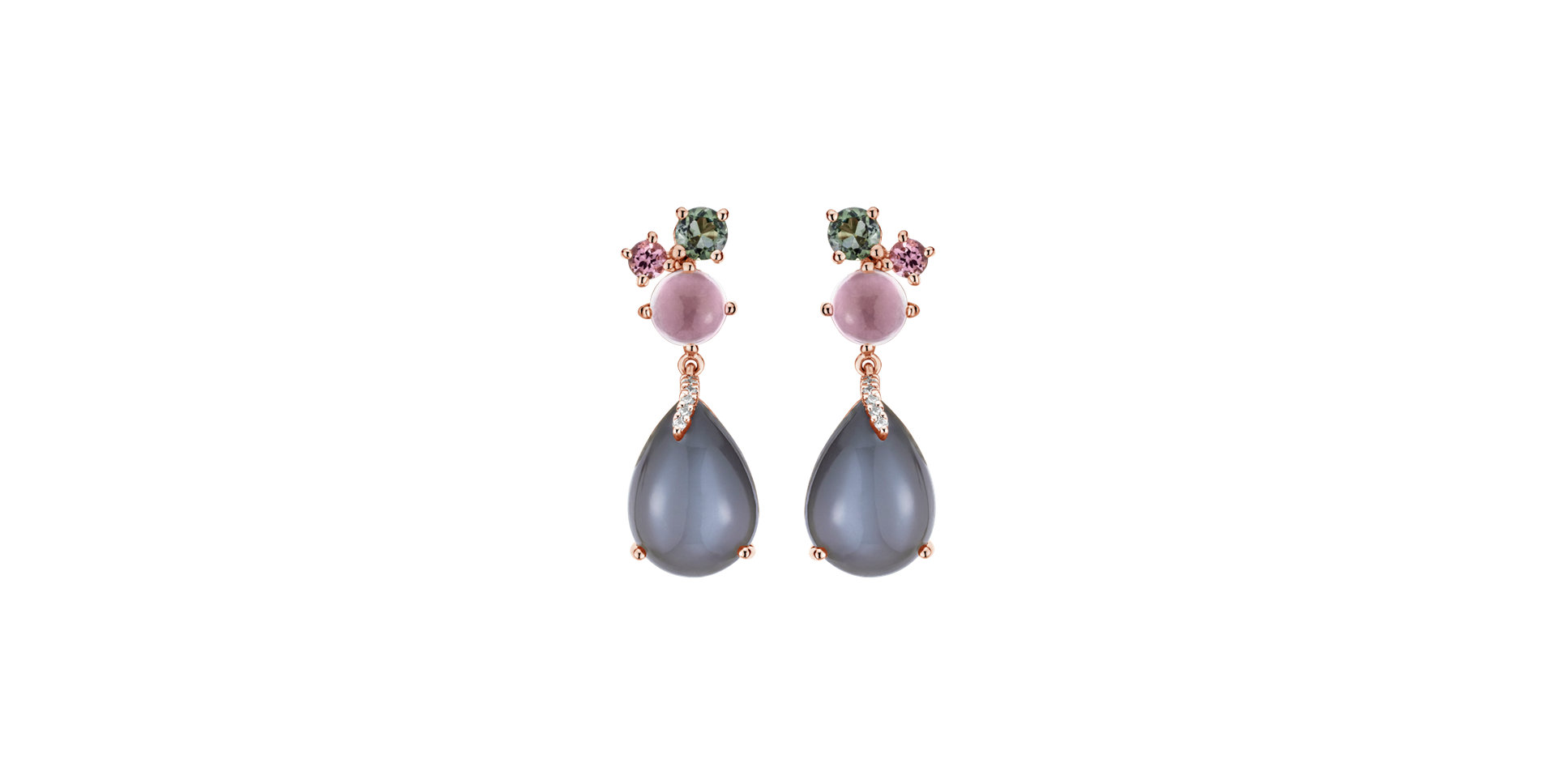 Diamond earrings with Moonstone, Tourmaline and Rose Quartz Alpenglow Rain