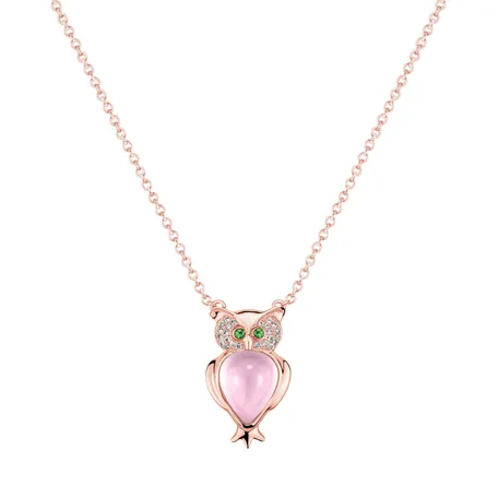 Diamond necklace with Rose Quartz and Garnets Wisdom Owl