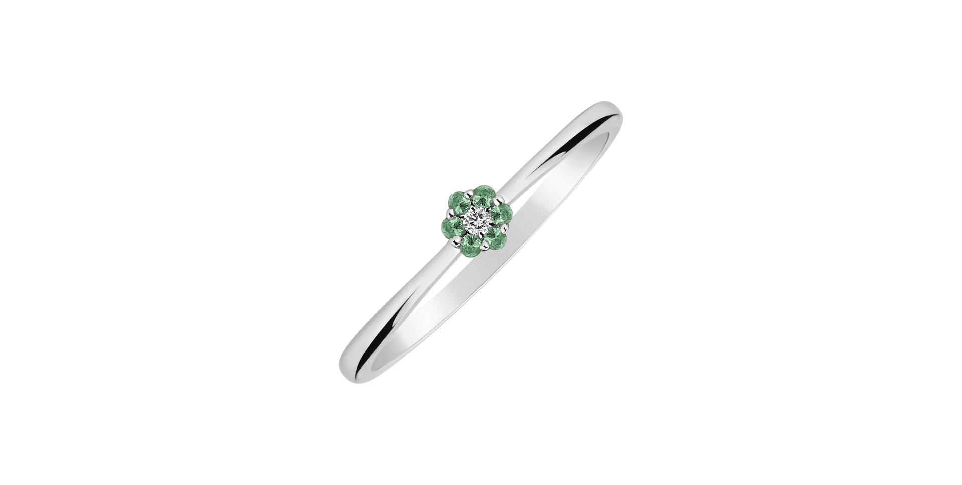 14ct white gold diamond ring with Emerald Shiny Flower