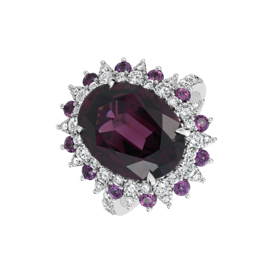 Diamond ring with Rhodolite Scarlet Monarch