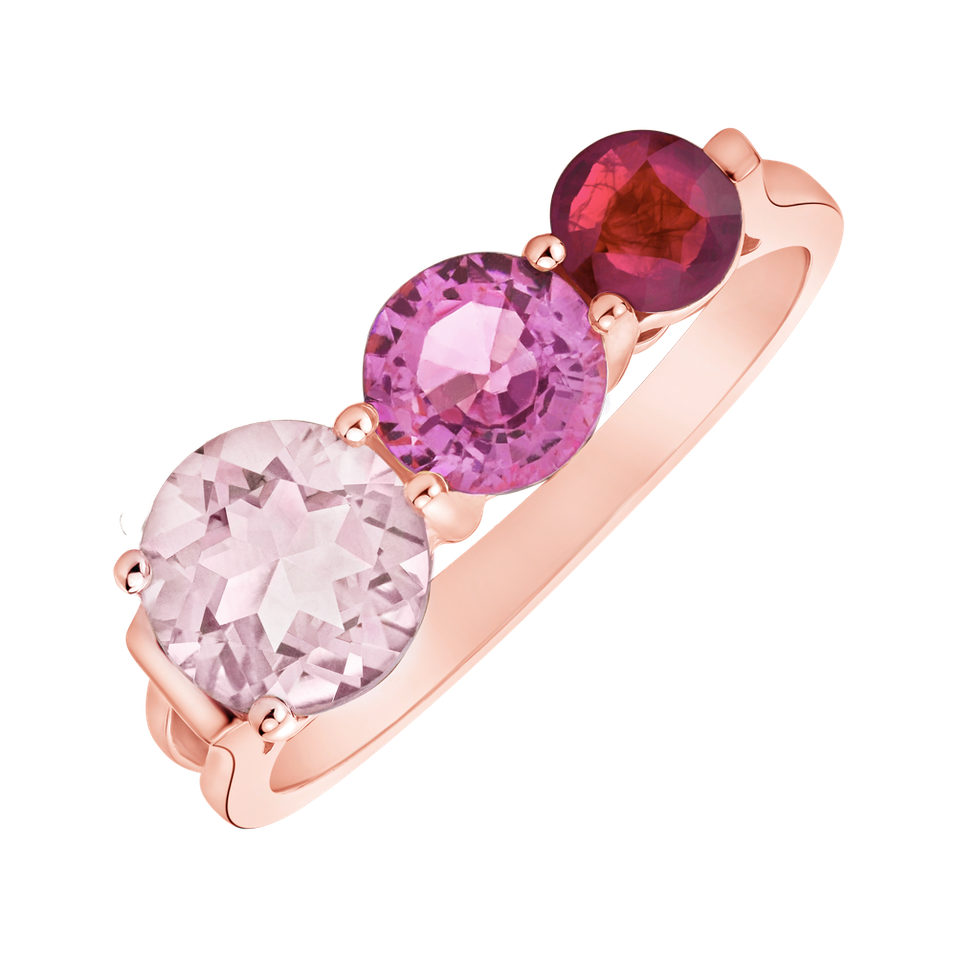 Ring with Ruby, Rose Quartz and Sapphire Tripple Bonbons
