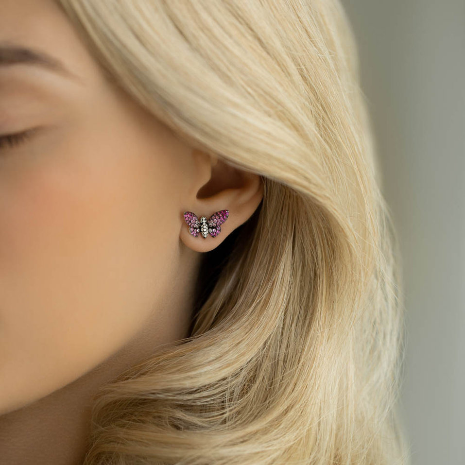 Diamond earrings with Ruby and Sapphire Graceful Butterfly
