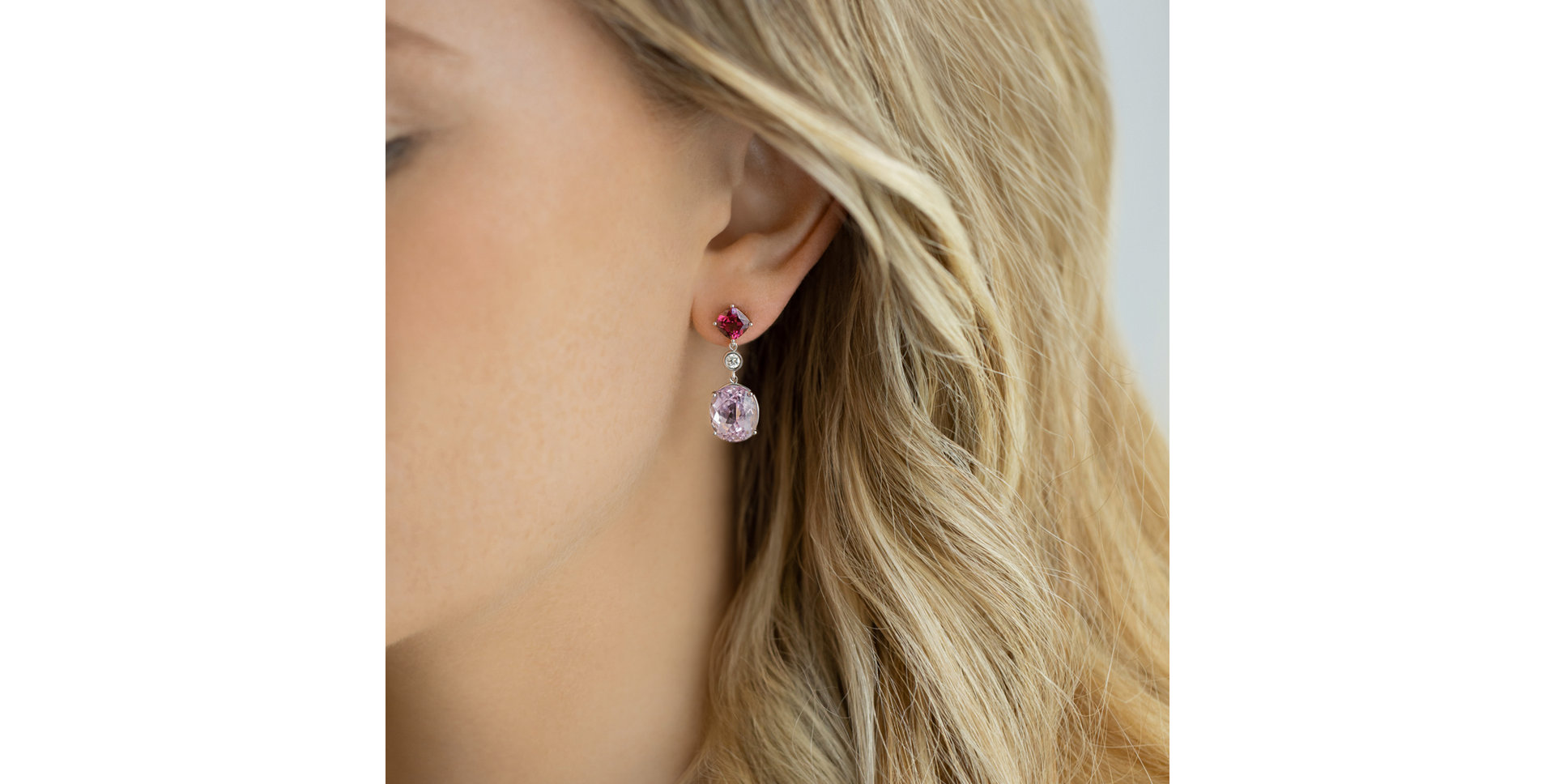Diamond earrings, Garnet and Kunzite Purple Rain