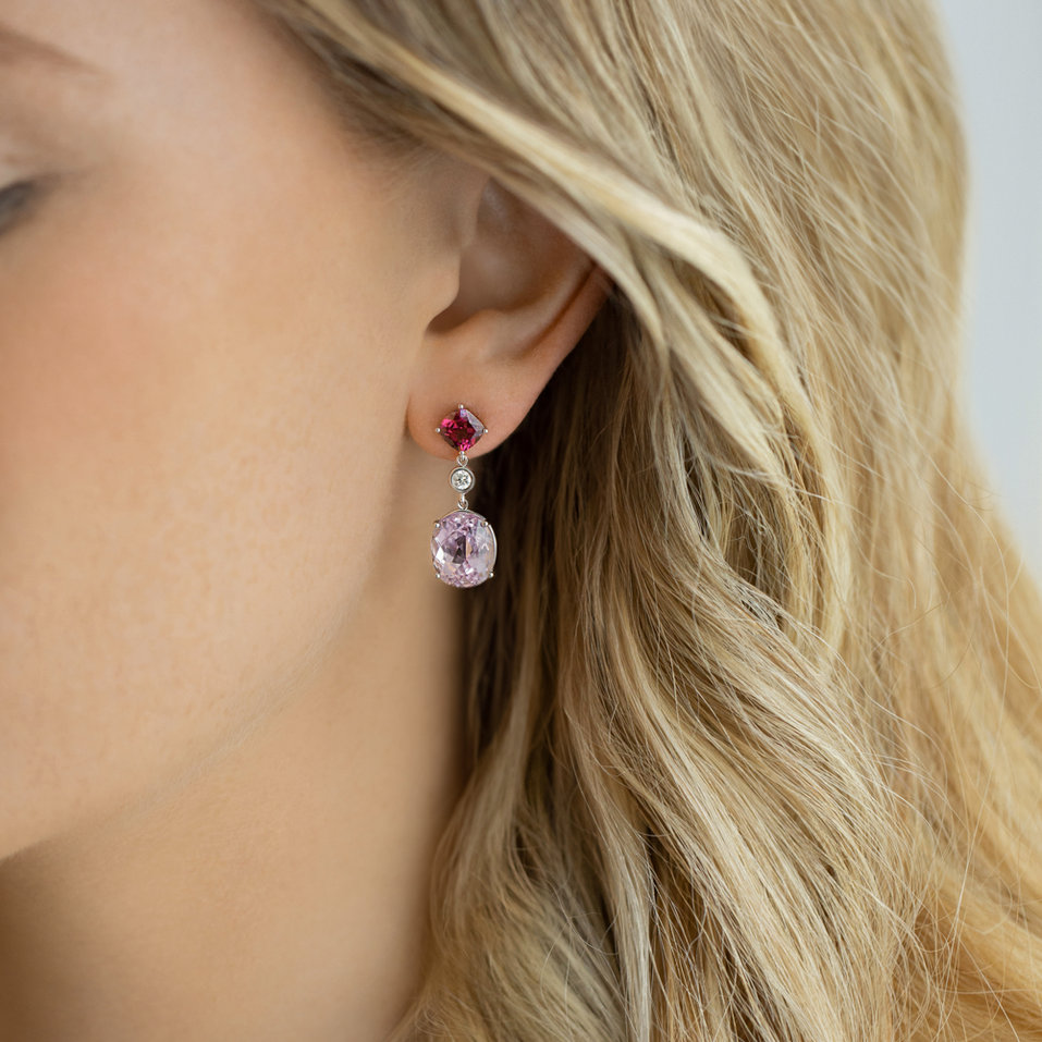Diamond earrings, Garnet and Kunzite Purple Rain