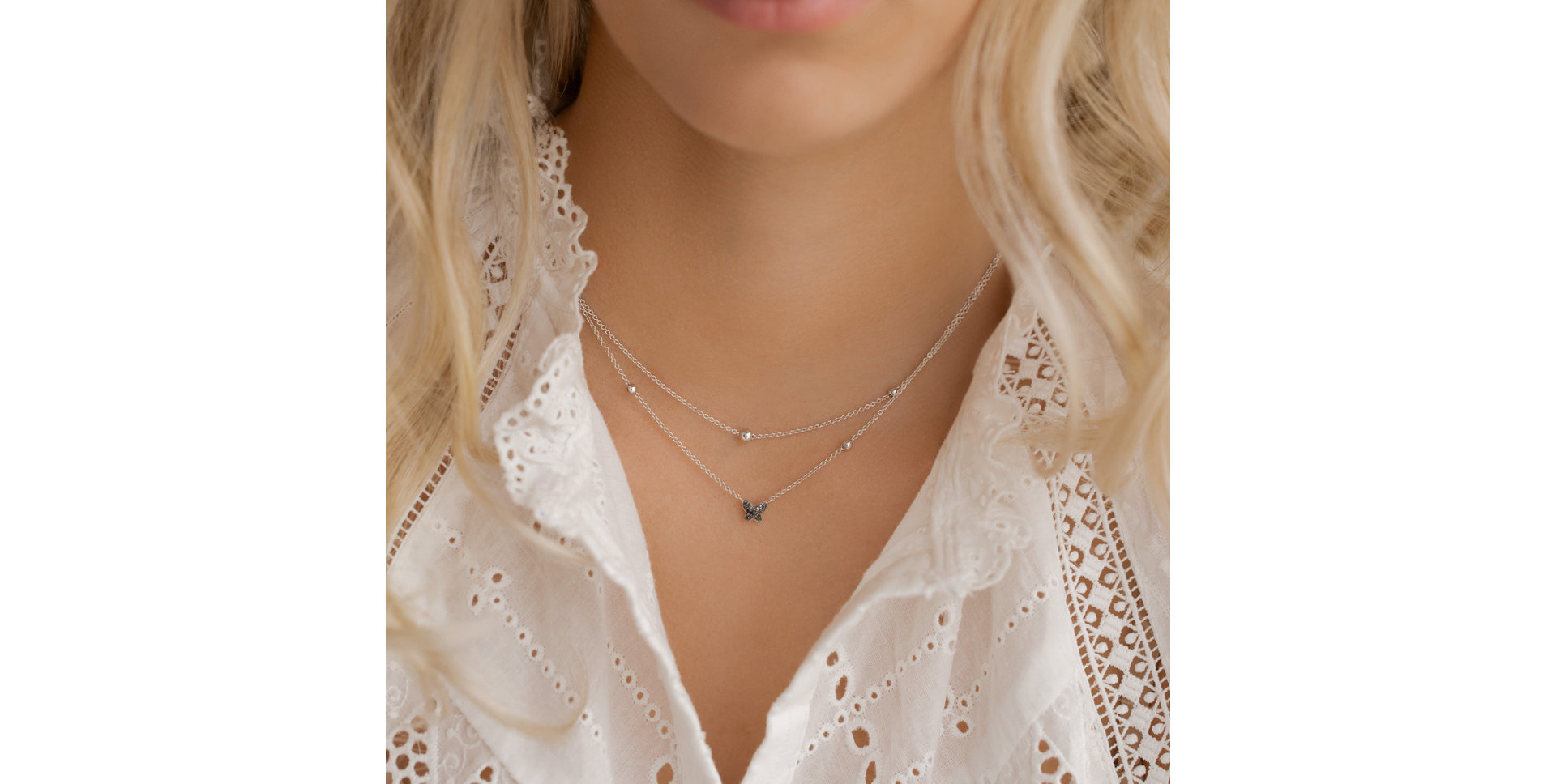 Necklace with black and white diamonds Magic Butterfly