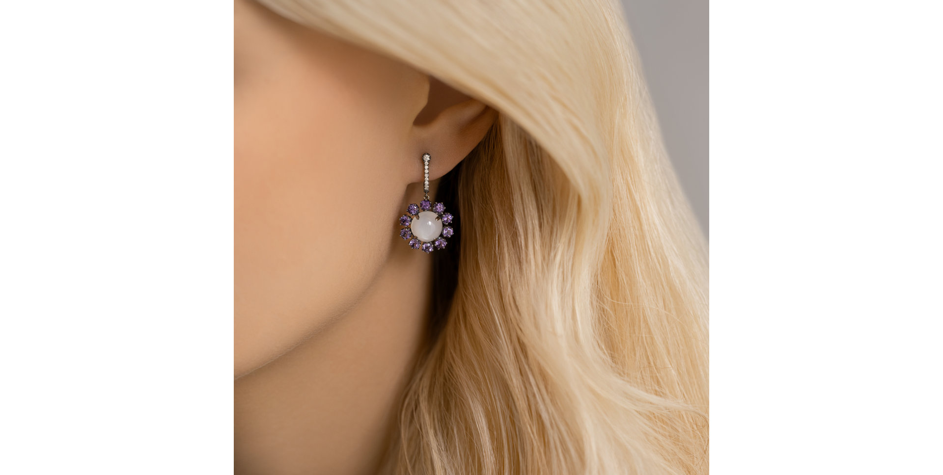 Diamond earrings, Moonstone and Amethyst Honey Dew