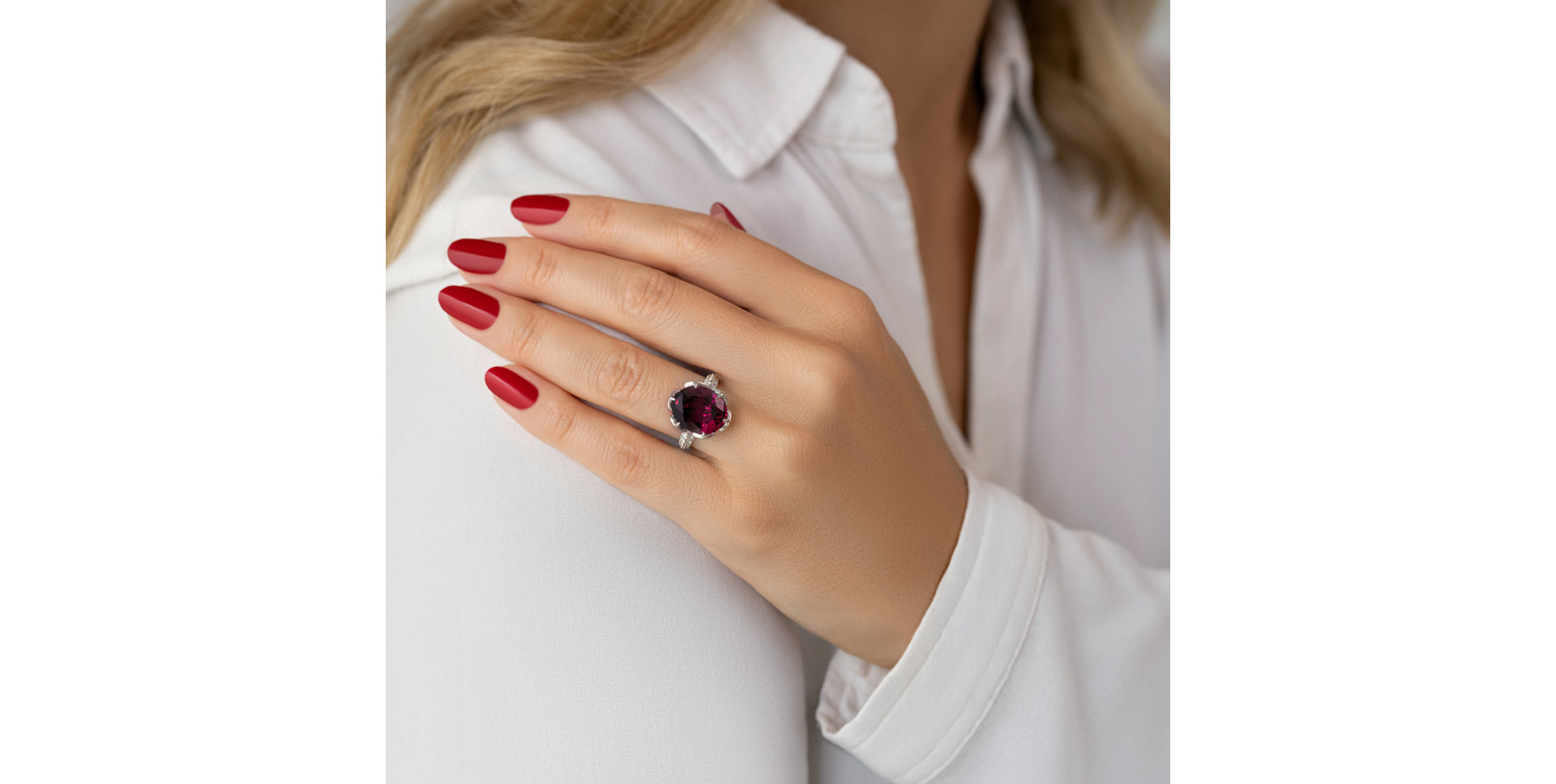 Diamond ring with Rhodolite Fire of Life