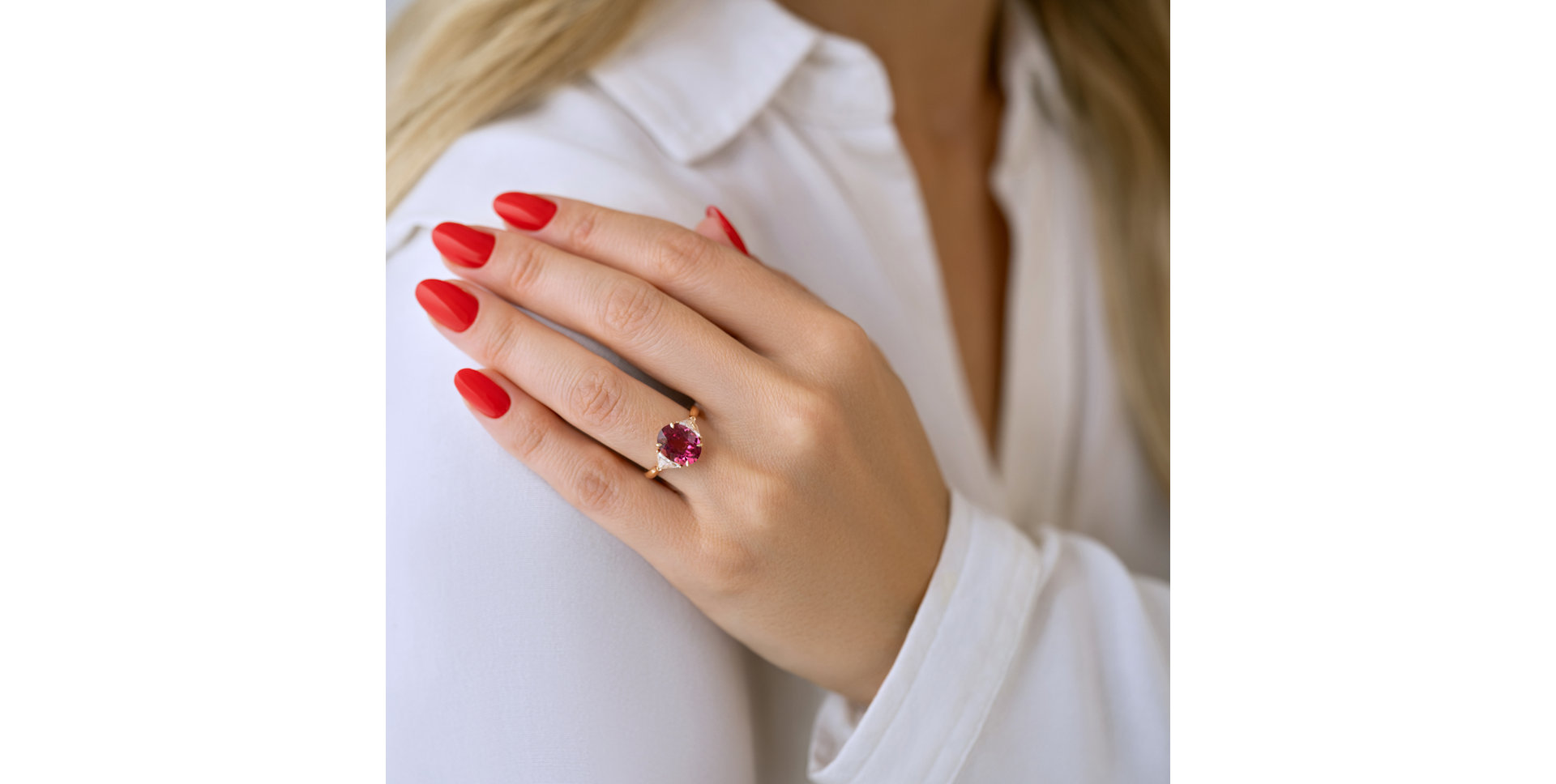 Diamond ring with Tourmaline Crimson Lament