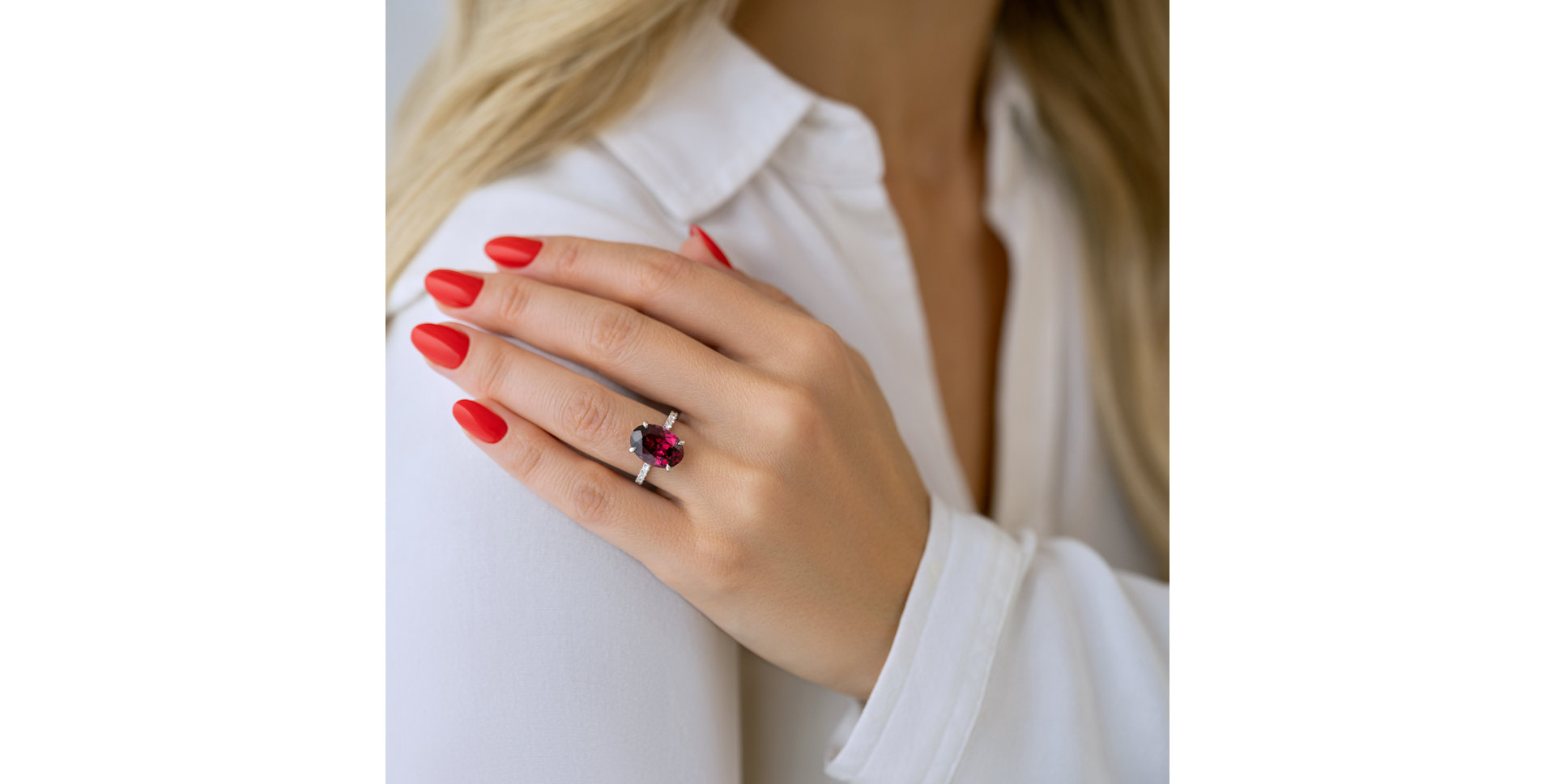 Diamond ring with Rhodolite Queen of Magic Coast