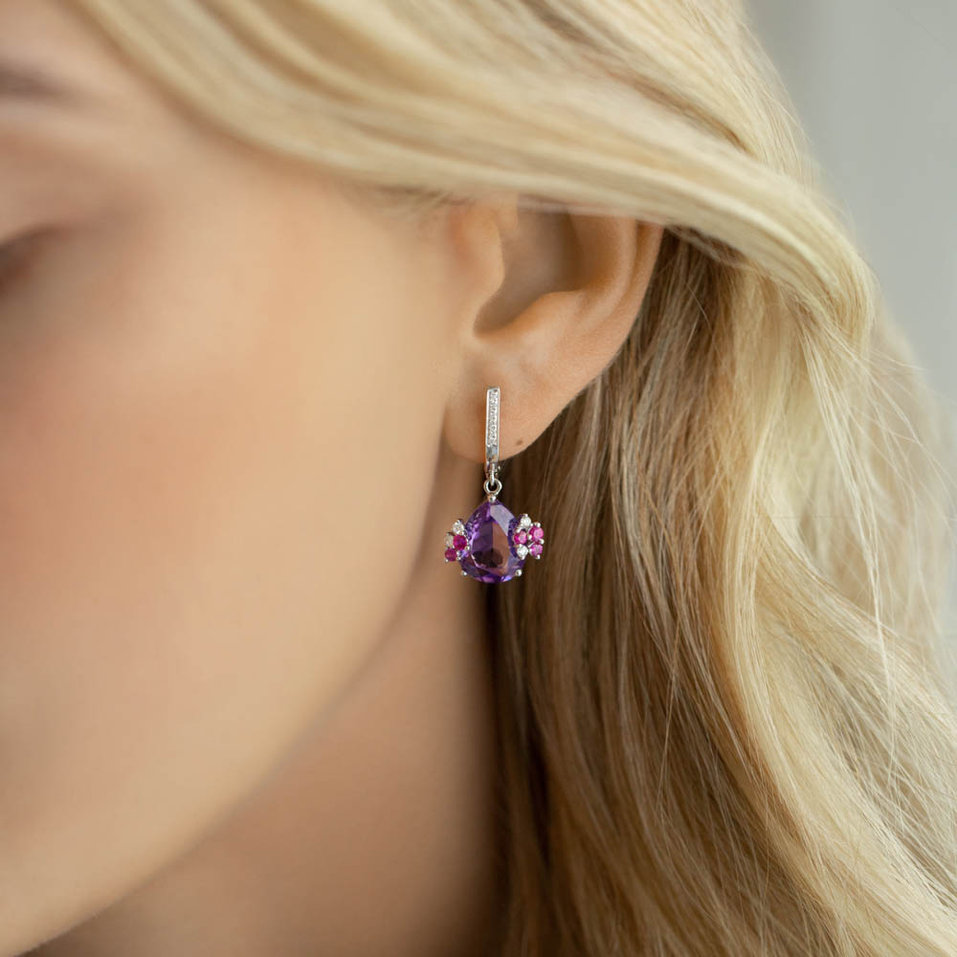 Diamond earrings with Amethyst and Sapphire Rainbow Garden